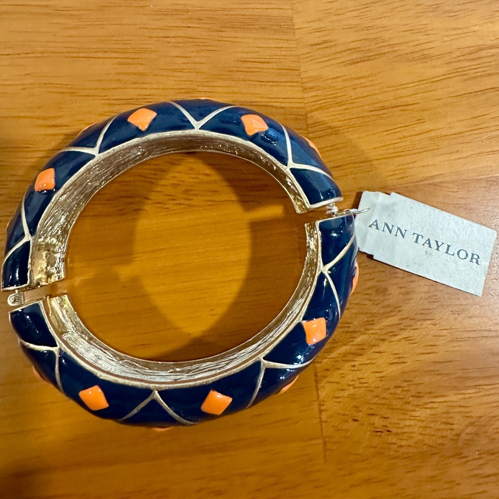 NWT Ann Taylor Chunky Gold and Navy with Orange Accents Metallic Bracelet